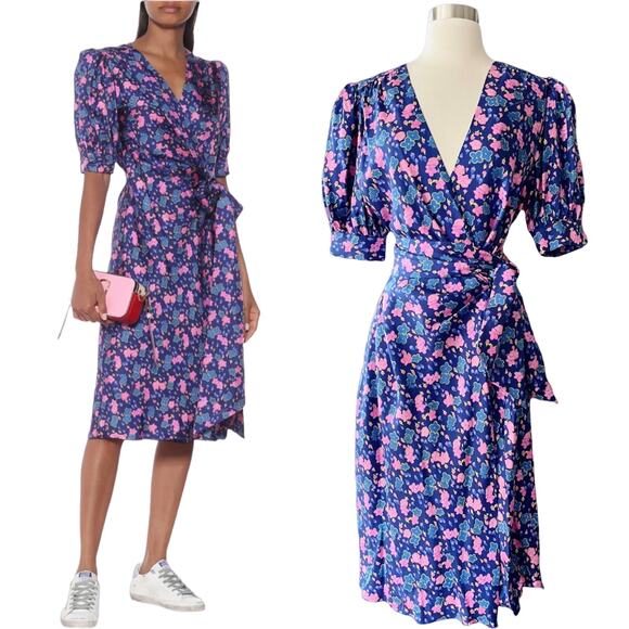 Marc Jacobs Dresses & Skirts - MARC JACOBS Silk Wrap Dress Half Puff Sleeves Belted Floral Blue Pink V-Neck 6